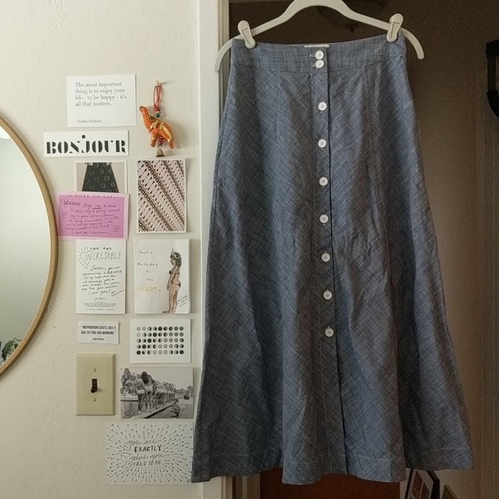 Chambray Midi Skirt with Buttons